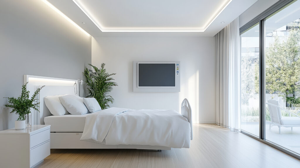 Camera da letto luminosa e accogliente con biancheria chiara, luce naturale che entra dalle finestre e arredi eleganti in stile neutro.