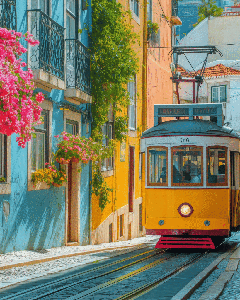 Tram giallo storico di Lisbona che percorre le strade in salita del quartiere Alfama con edifici colorati sullo sfondo.