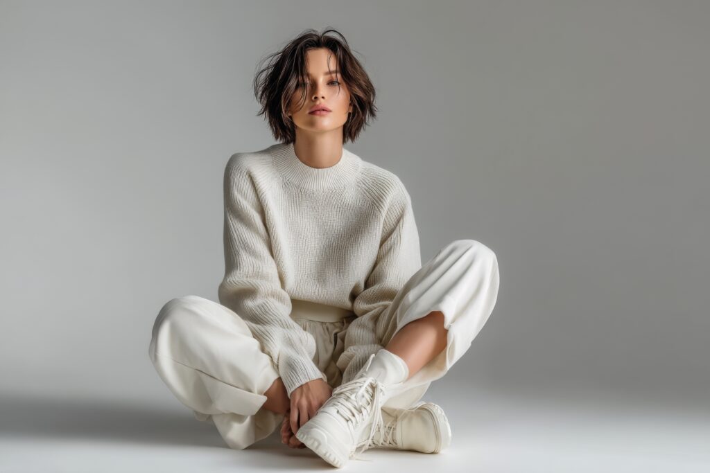 Donna che indossa un maglione bianco elegante, in stile casual e confortevole, perfetto per outfit invernali sofisticati e caldi.