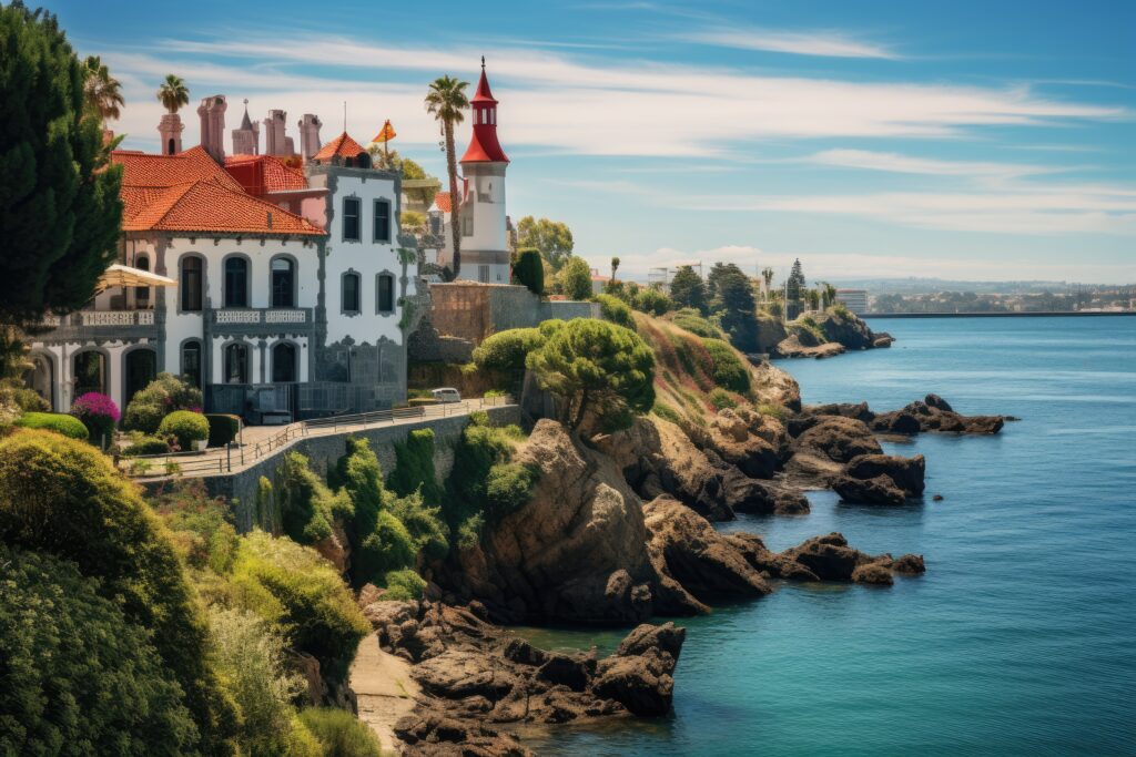 Vista panoramica di un castello storico sulla costa a Cascais, con il mare azzurro e le scogliere circostanti che creano un suggestivo paesaggio costiero.
