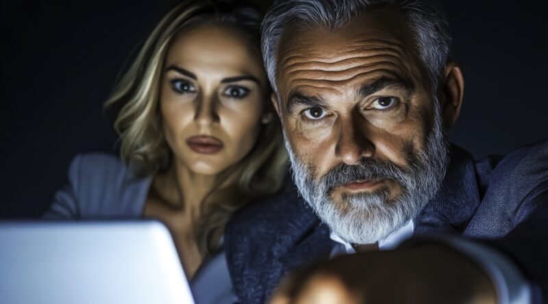 Coppia over 50 seduta davanti al laptop, uomo concentrato sullo schermo, donna dietro sorpresa e scioccata, concetto di problemi di coppia e consulenza matrimoniale