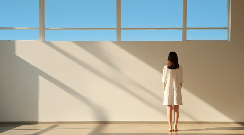 Donna di spalle in una stanza minimalista, che osserva la luce che entra da una finestra, atmosfera calma e riflessiva.