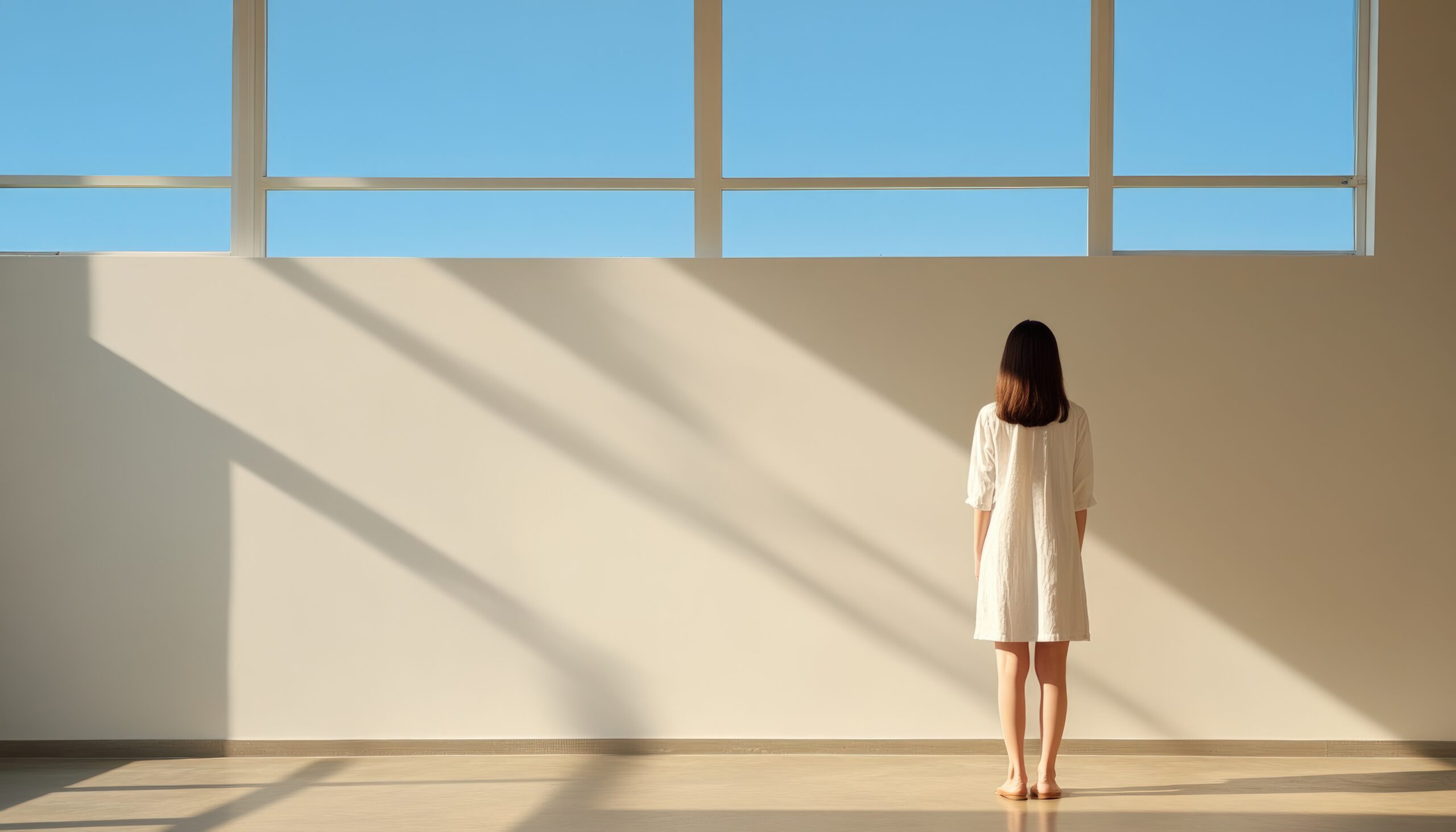 Donna di spalle in una stanza minimalista, che osserva la luce che entra da una finestra, atmosfera calma e riflessiva.