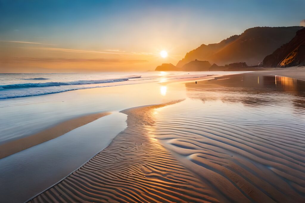 Alba sulle spiagge dorate dell’Algarve, con il sole che si riflette sulle onde e la costa frastagliata