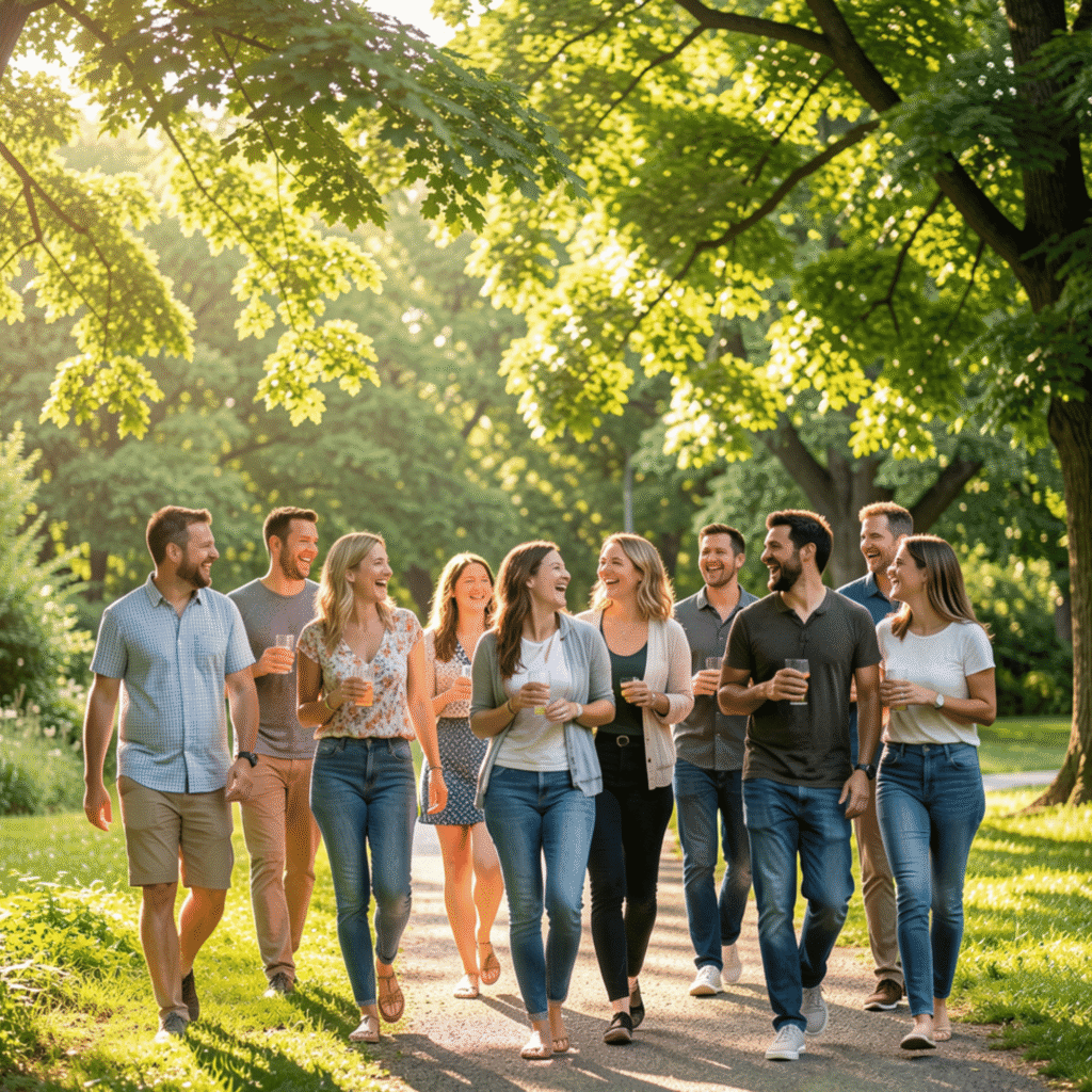 Gruppo di adulti over 50 che camminano all’aperto su un sentiero, facendo attività fisica e socializzando in buona compagnia