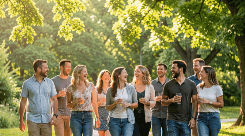 Gruppo di adulti over 50 che camminano all’aperto su un sentiero, facendo attività fisica e socializzando in buona compagnia