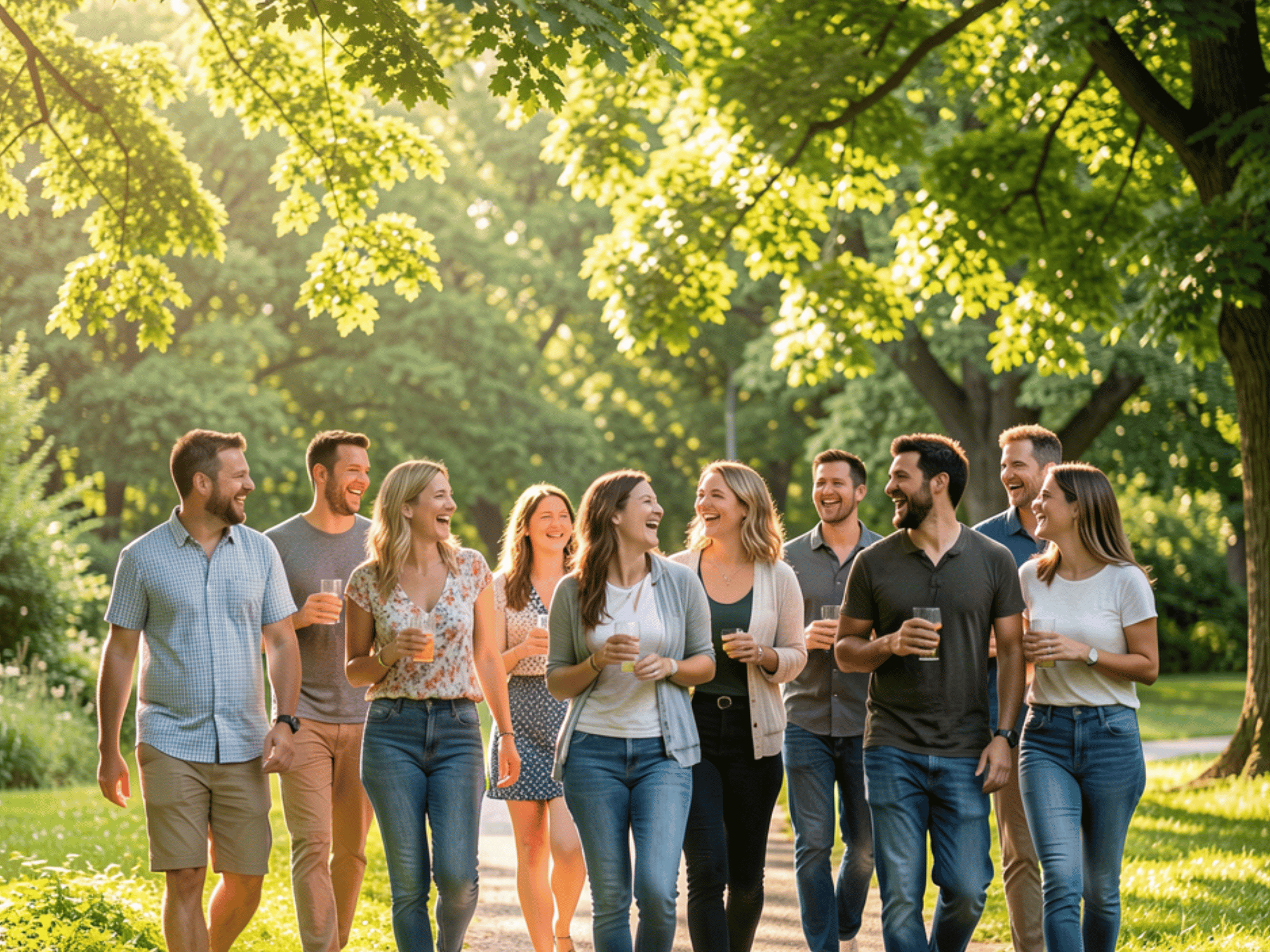 Gruppo di adulti over 50 che camminano all’aperto su un sentiero, facendo attività fisica e socializzando in buona compagnia