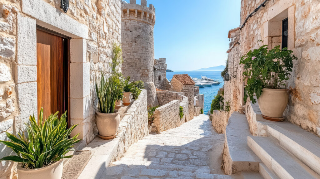 Stretto vicolo lastricato nel centro storico di Hvar, con edifici tradizionali e atmosfera mediterranea
