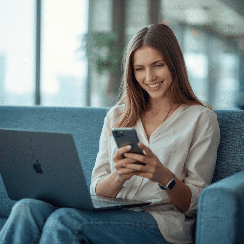 Donna che prenota un volo online con laptop e smartphone