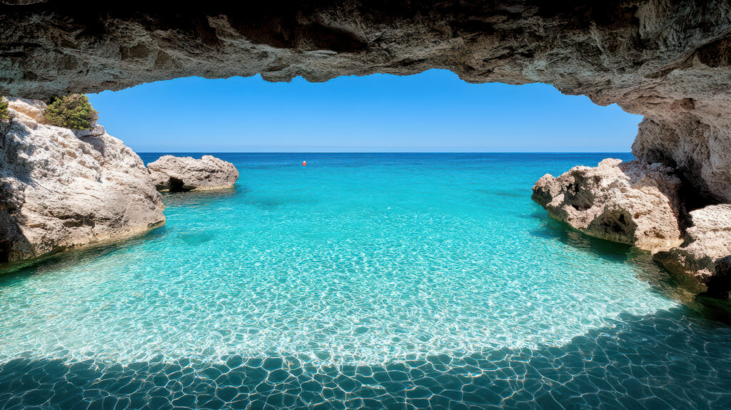 Mare cristallino della Puglia con acqua turchese e scogliera rocciosa lungo la costa salentina