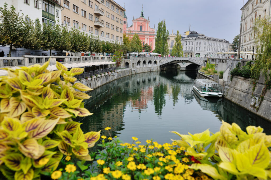 Panorama della città di Ljubljana, capitale della Slovenia, con il fiume Ljubljanica e il Ponte Vecchio fiorito
