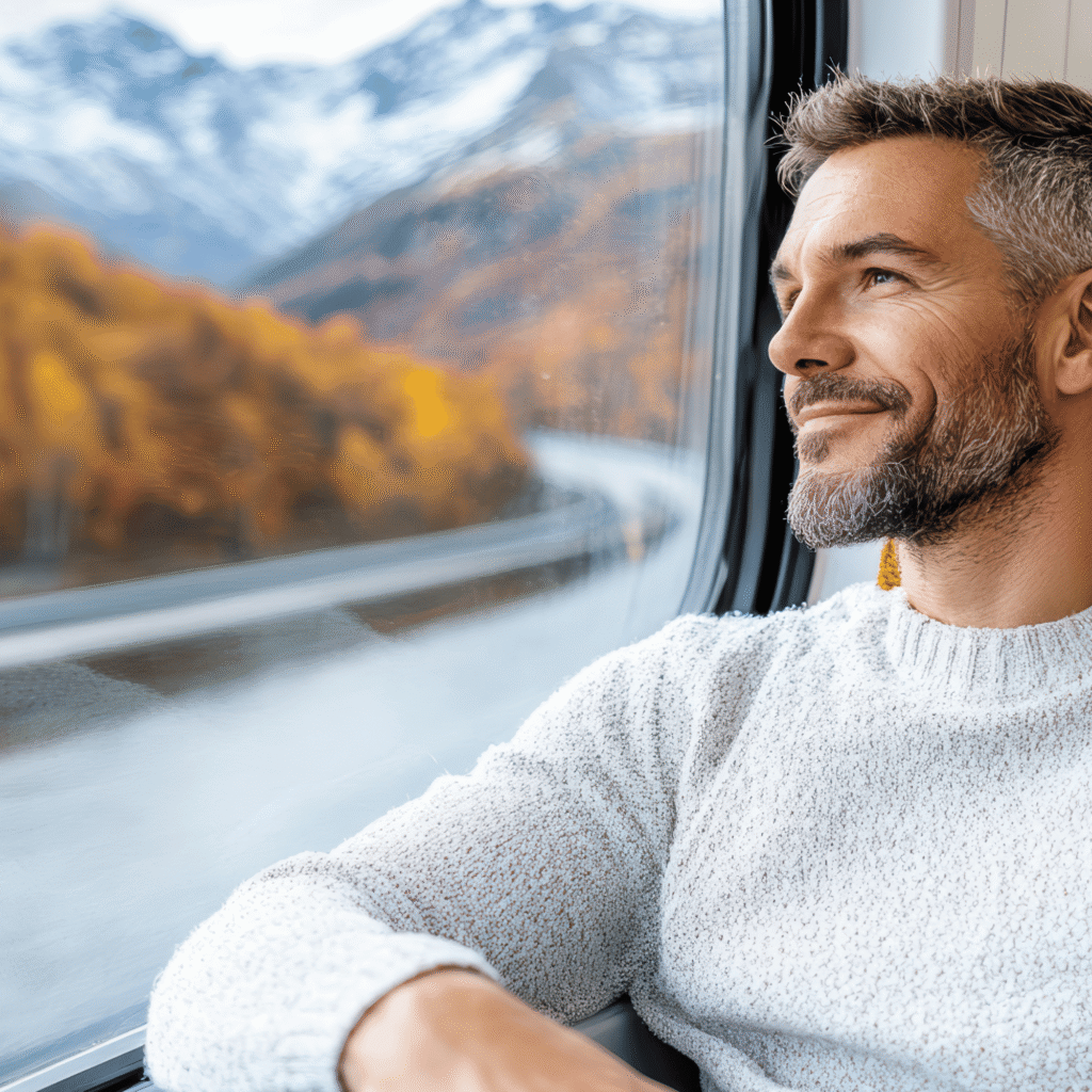Uomo sorridente seduto vicino al finestrino di un treno mentre ammira il paesaggio