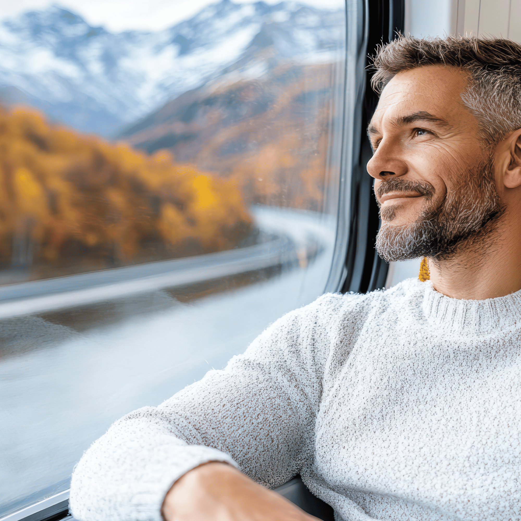 Uomo sorridente seduto vicino al finestrino di un treno mentre ammira il paesaggio