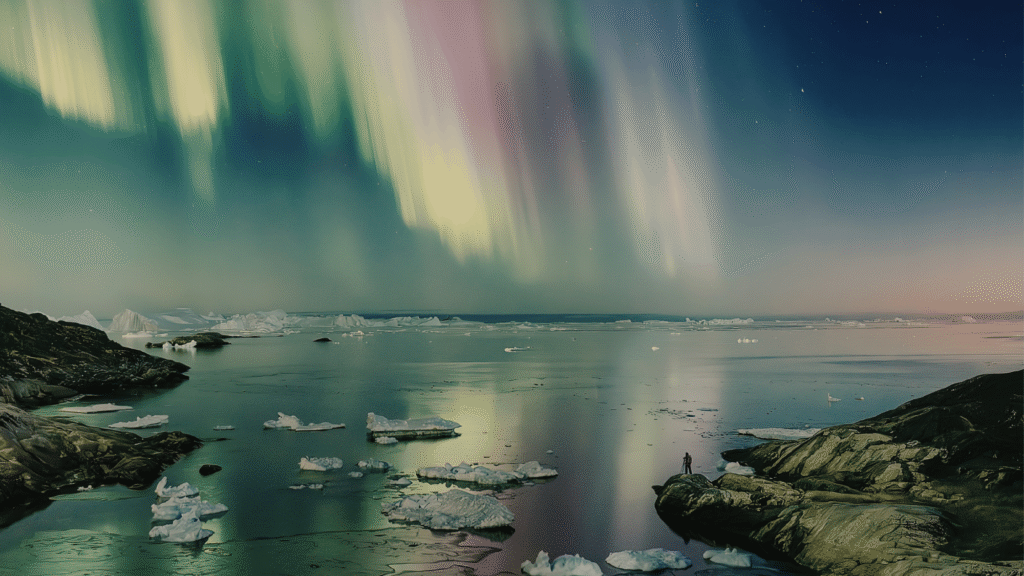 Aurora boreale verde e viola che danza nel cielo sopra una foresta innevata, con montagne sullo sfondo, durante una notte limpida invernale.
