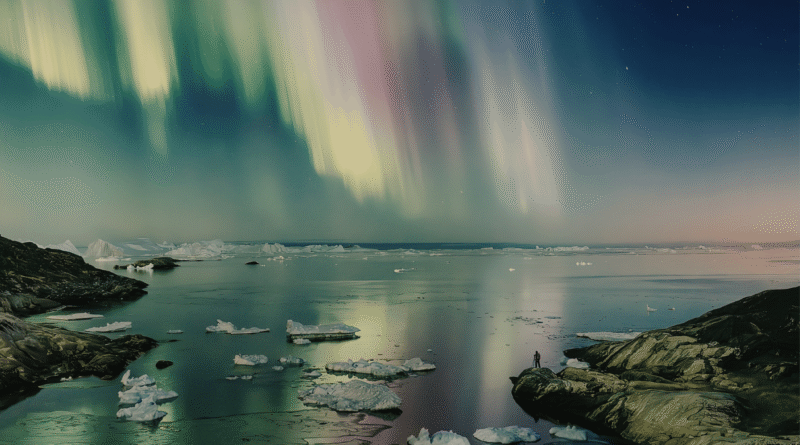 Aurora boreale verde e viola che danza nel cielo sopra una foresta innevata, con montagne sullo sfondo, durante una notte limpida invernale.