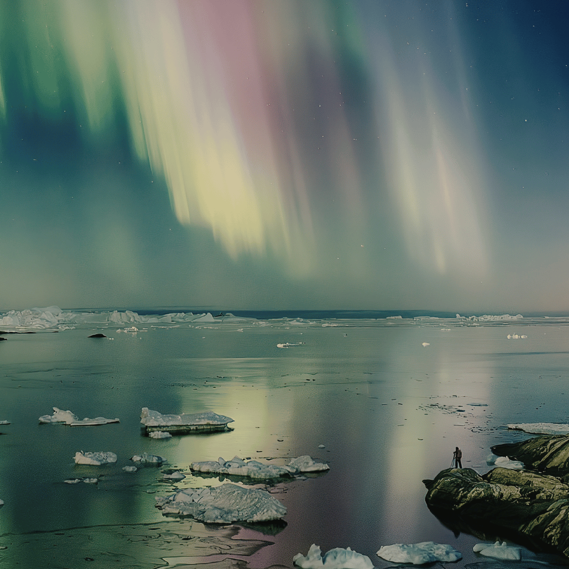 Aurora boreale verde e viola che danza nel cielo sopra una foresta innevata, con montagne sullo sfondo, durante una notte limpida invernale.