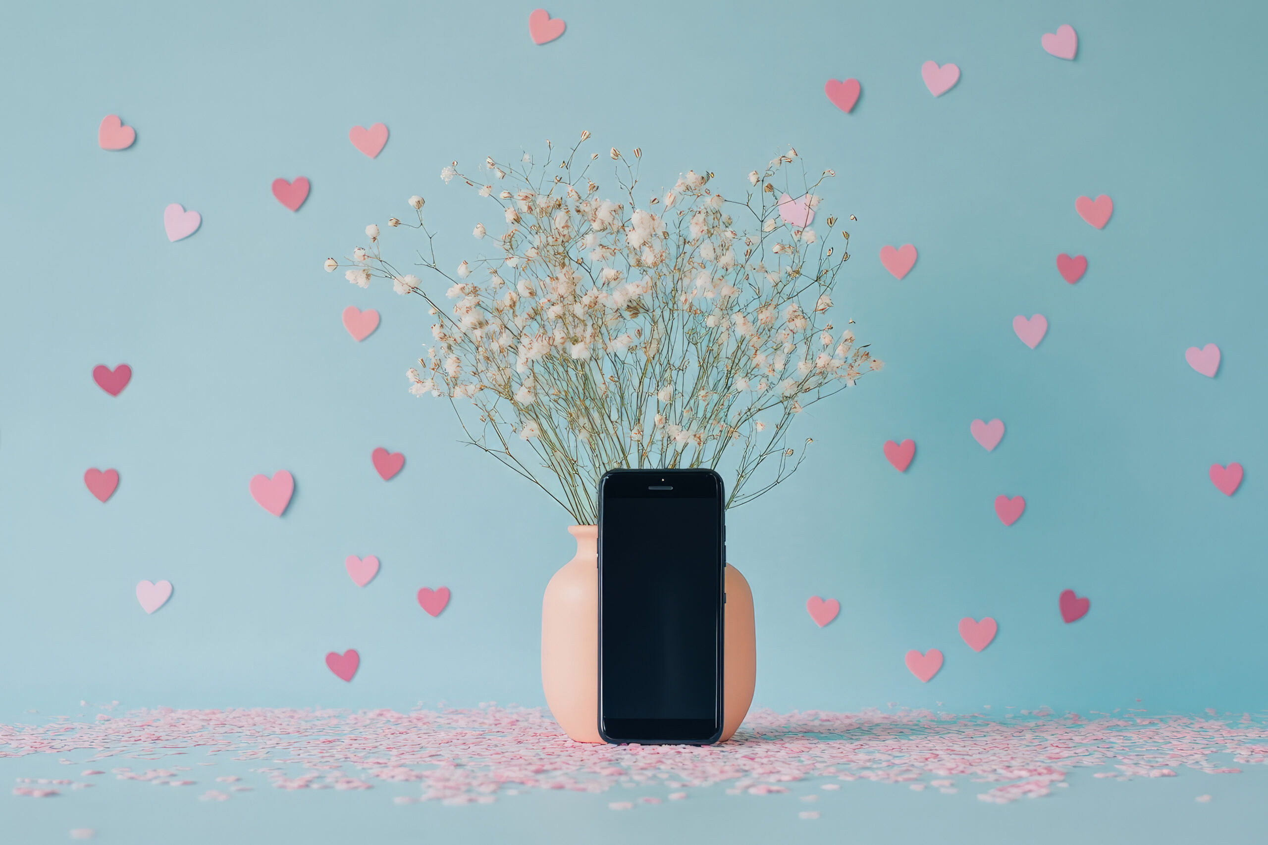 Vaso pesca con fiori di gypsophila accanto a un telefono nero su sfondo azzurro con cuori rosa