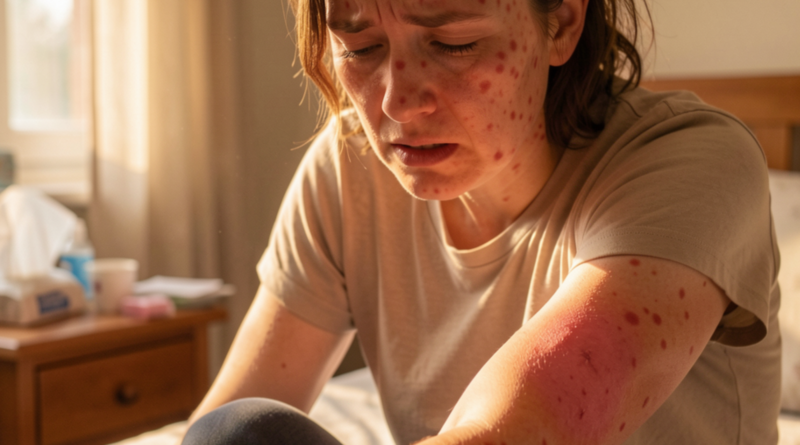 Donna adulta con eruzione cutanea tipica del morbillo sul viso, sintomo della malattia virale