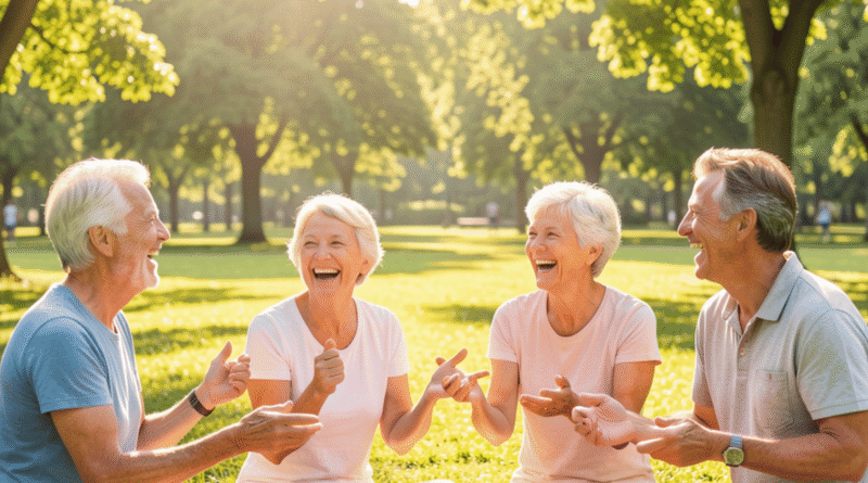 Due coppie over 55 sorridenti che fanno un picnic all’aperto su un prato verde, godendo di un momento di relax e socializzazione